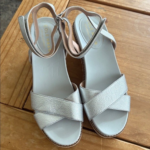 Cole Haan Cloudfeel Metallic Leather Platform Espadrille Wedge Sandal Size 7.5 - Picture 1 of 8